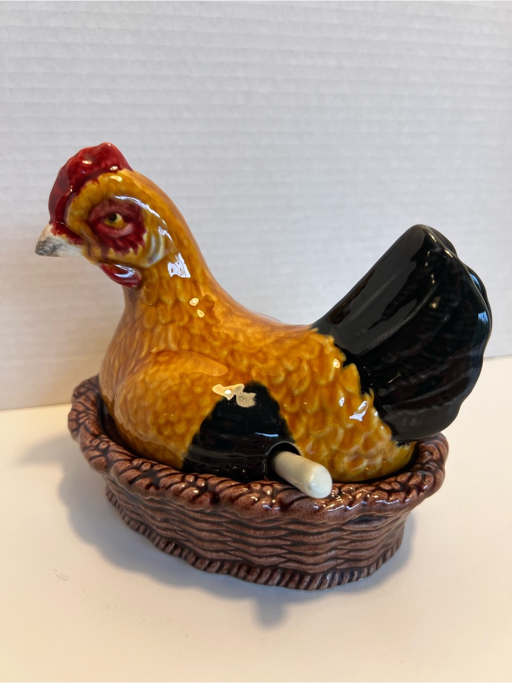 Vintage Ceramic Hen on Nest Jam Pot w/ Spoon Hand Painted Cottagecore Farmhouse